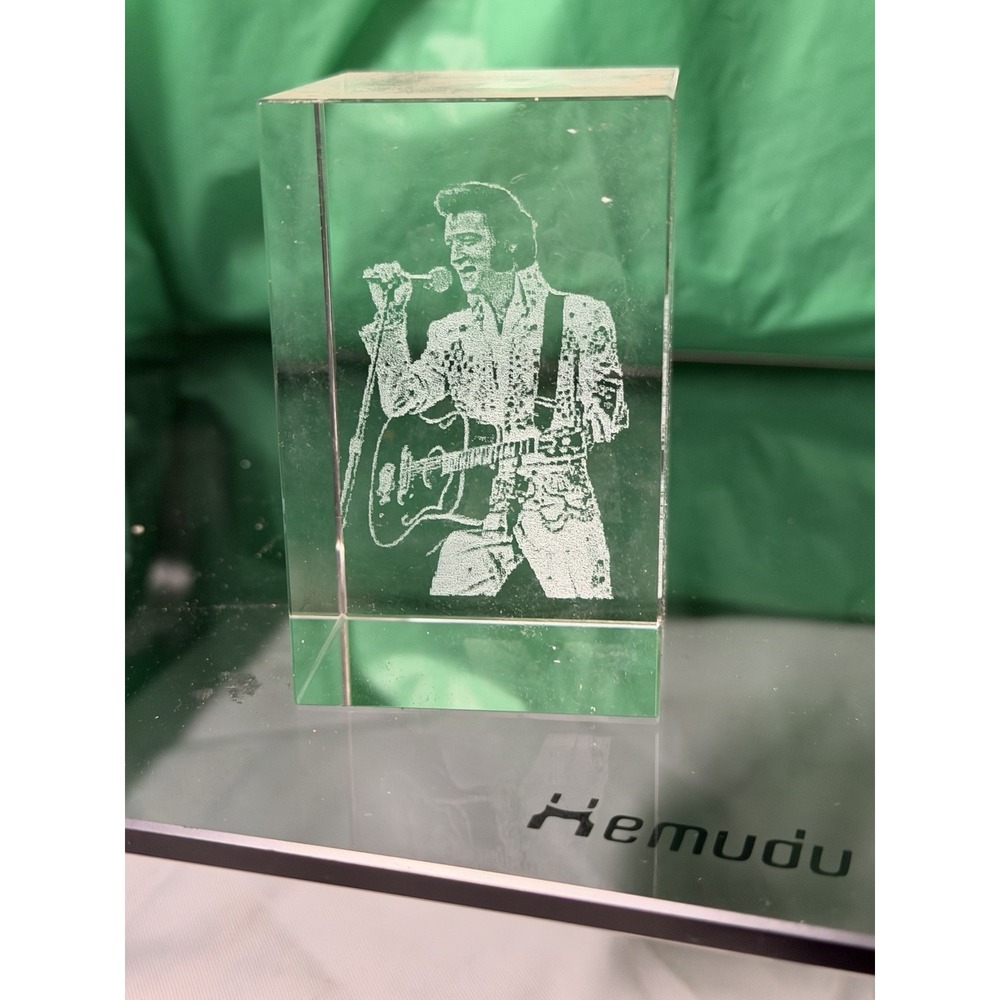 Etched Crystal Glass Cube Elvis‎ Presley 3" 3D